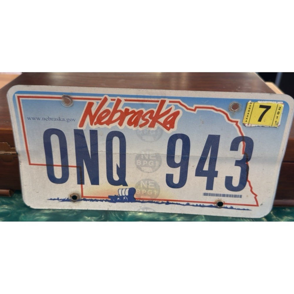 Nebraska License Plate Pair Set of 2 ONQ 943 State Outline Design Used
